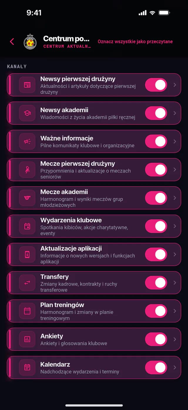 Kanały powiadomień w aplikacji Korona Handball z przełącznikami