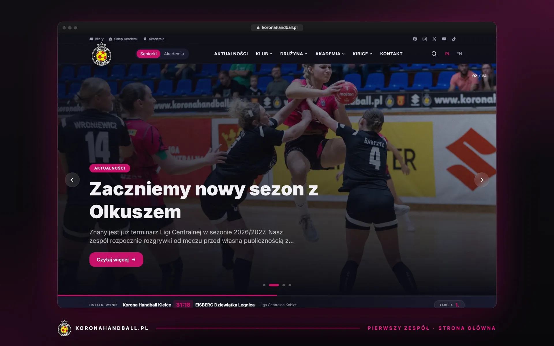 Strona główna koronahandball.pl z aktualnościami i paskiem meczowym