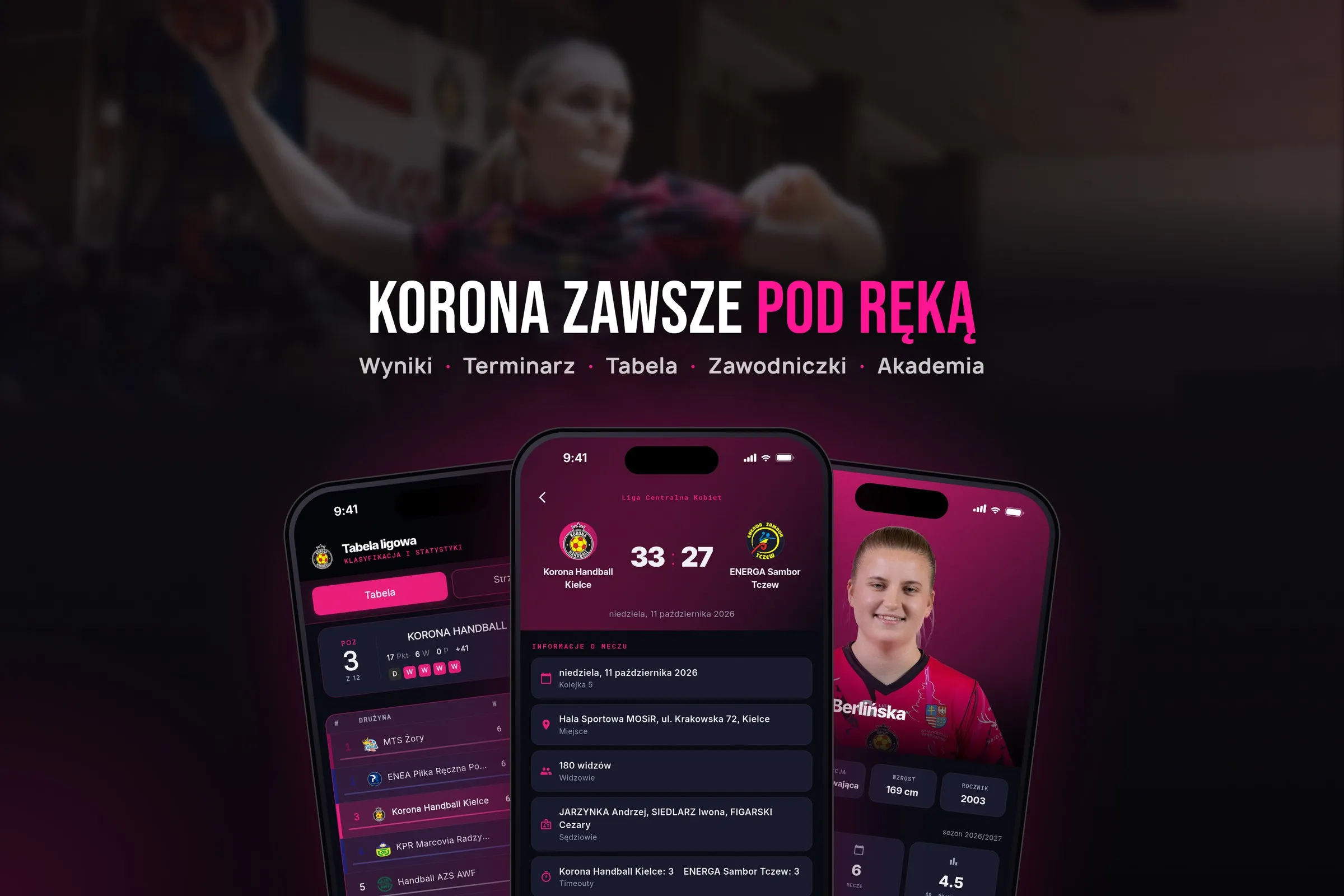 Trzy telefony z aplikacją Korona Handball Kielce: tabela, mecz i profil zawodniczki